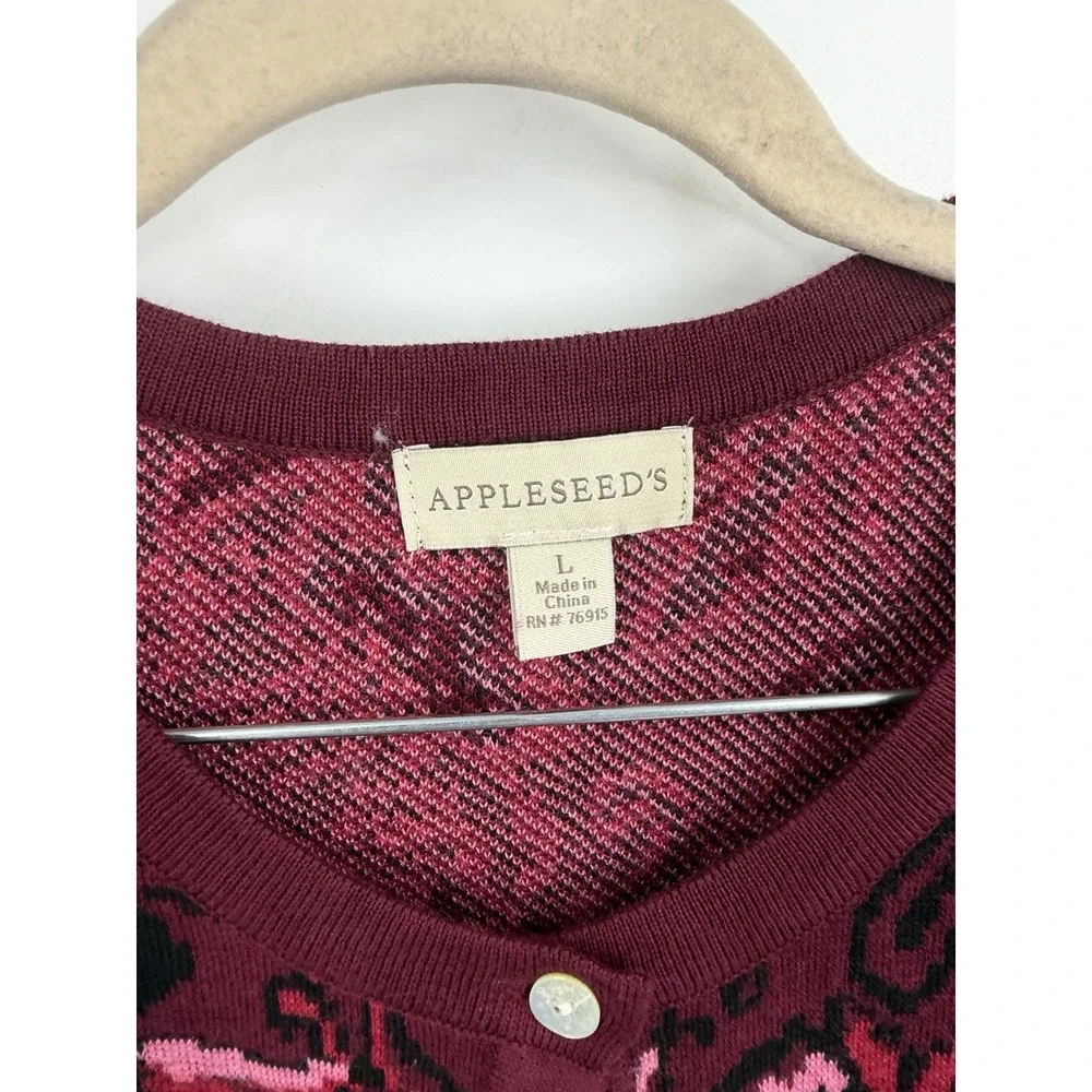 Appleseeds Floral Button Front Sweater Women L Burgundy Whimsigoth Cardigan